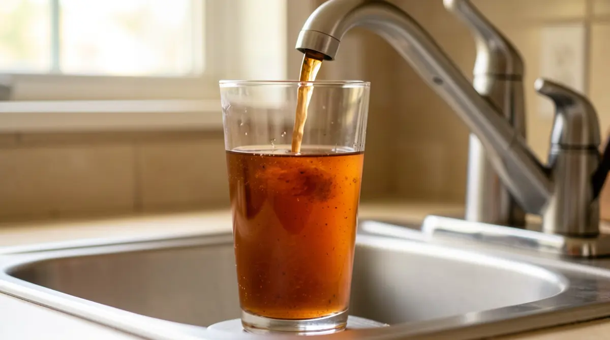 Brown discolored well water filling a clear glass from a South Carolina kitchen faucet