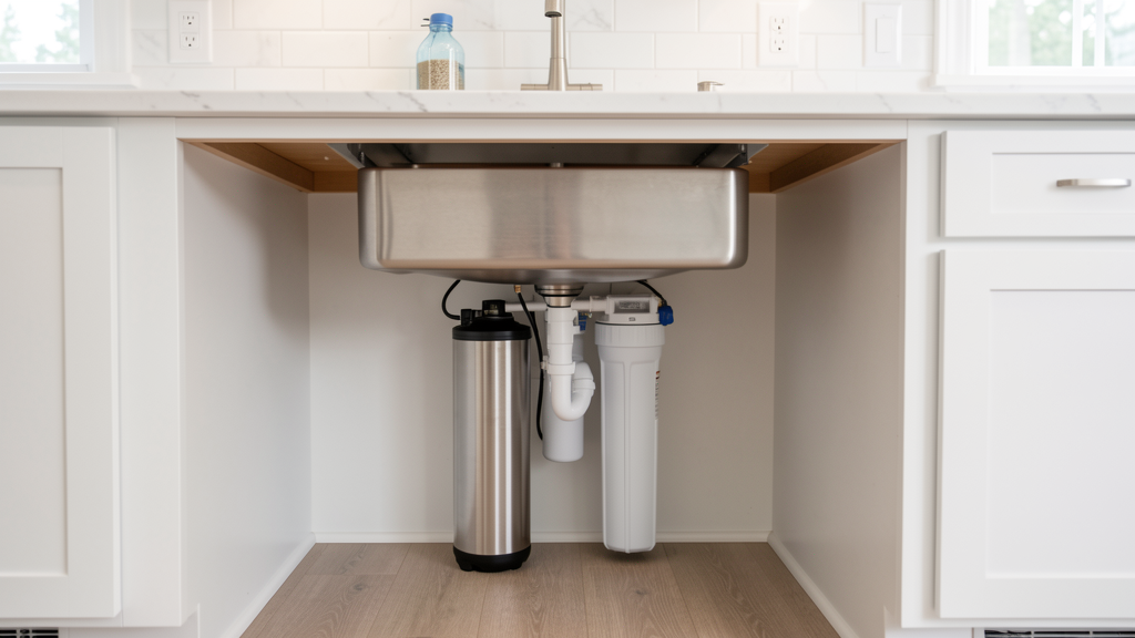 Reverse osmosis water filtration system with iron pre-filter under kitchen sink in a South Carolina home