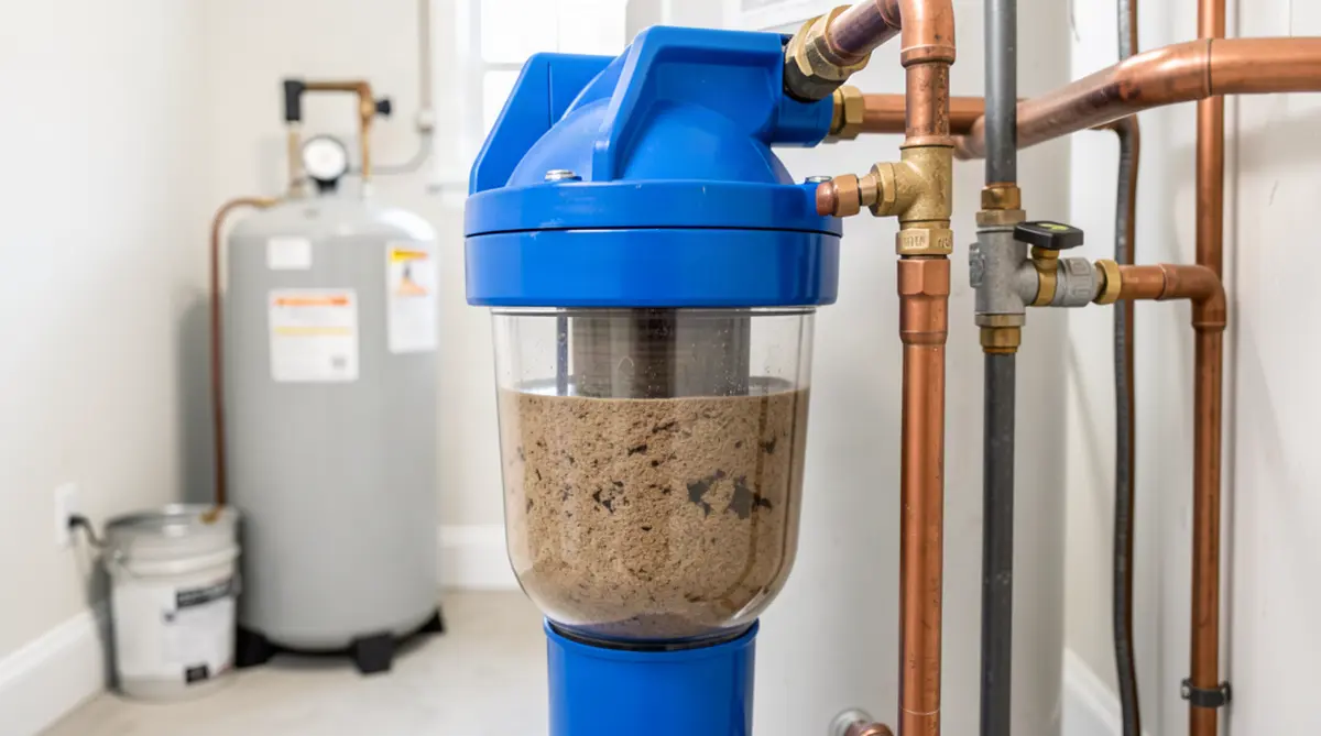 Whole-house sediment filter system removing sand and grit from South Carolina well water