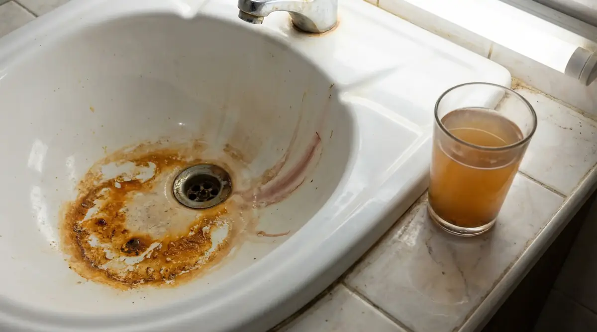Iron stained water in sink showing orange discoloration from well water in South Carolina