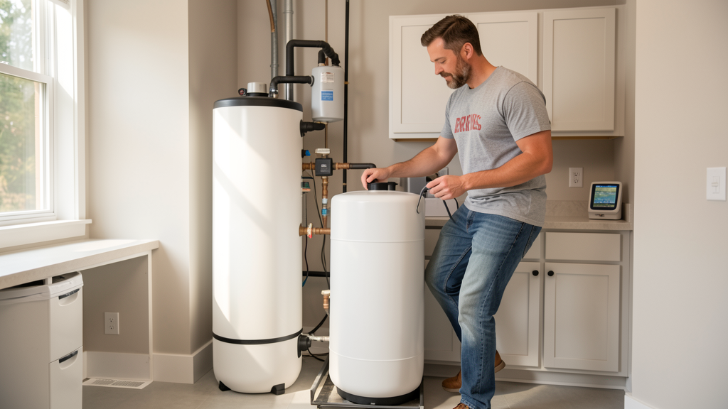 Homeowner troubleshooting a residential water softener system in a South Carolina utility room