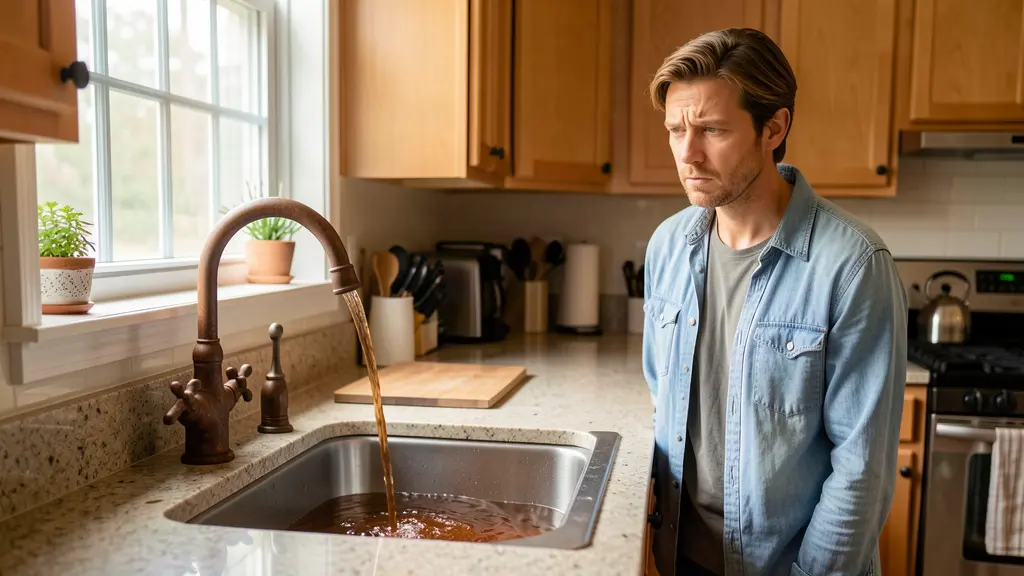 Brown rusty well water from a kitchen faucet in an Orangeburg SC home showing iron contamination