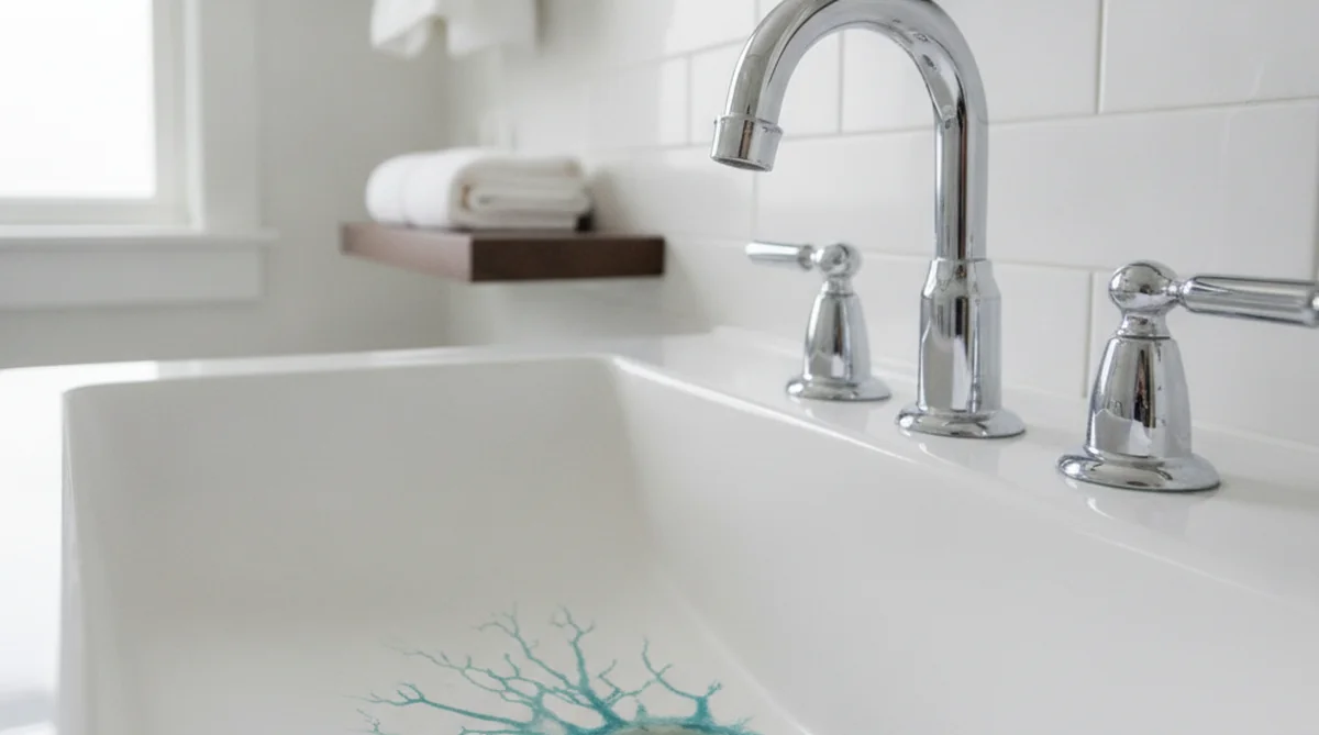 Blue-green copper stains on sink fixture from well water