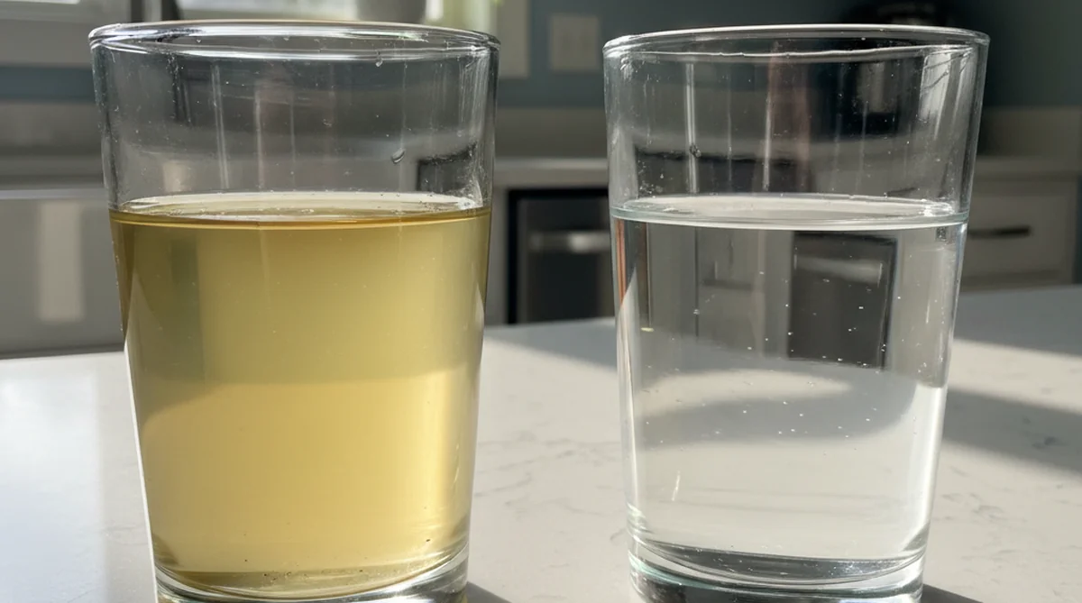 Discolored well water compared to clear treated water