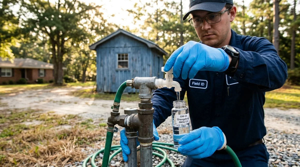 Well water testing technician collecting sample at Orangeburg SC home