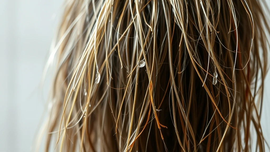 Close-up of dry, brittle, and frizzy hair showing signs of hard water damage, including mineral buildup, dullness, and breakage.