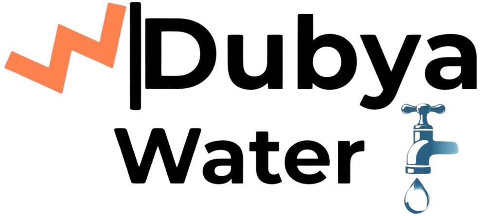 Dubya Water company logo featuring burnt orange and black colors, representing premium water treatment solutions, including iron filters and water softeners for residential use.